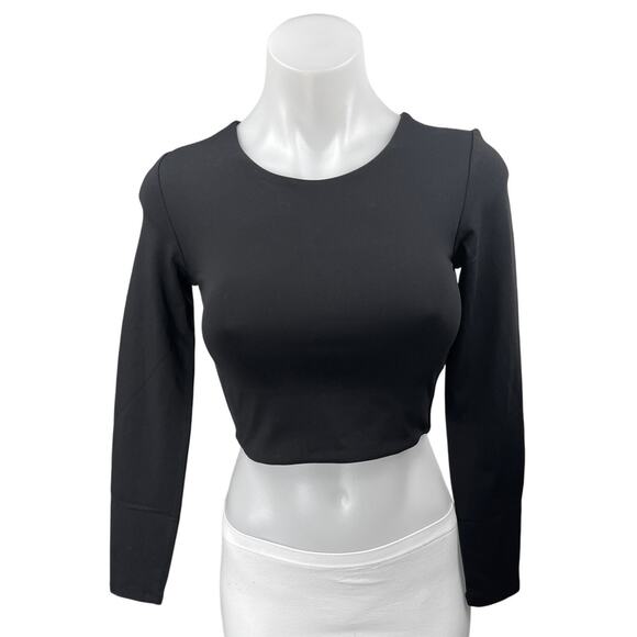 Aritzia Babaton Contour Black Long Sleeve Crew Neck Crop Shirt Sweater Top Sz S - Picture 1 of 4